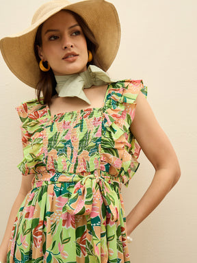 Green Floral Smocked Frill Midi Dress-SASSAFRAS