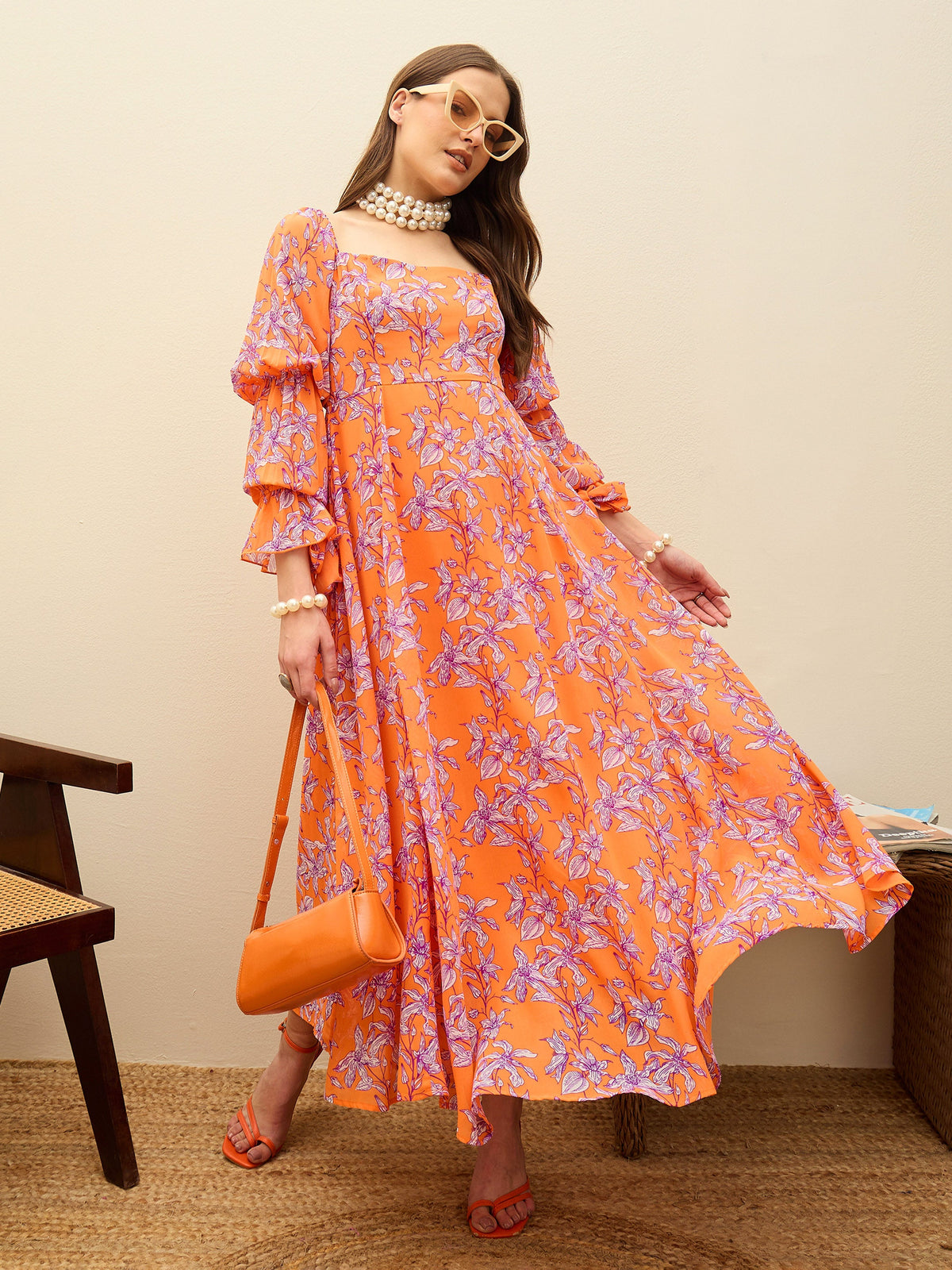 Orange Floral Square Neck Maxi Dress-SASSAFRAS