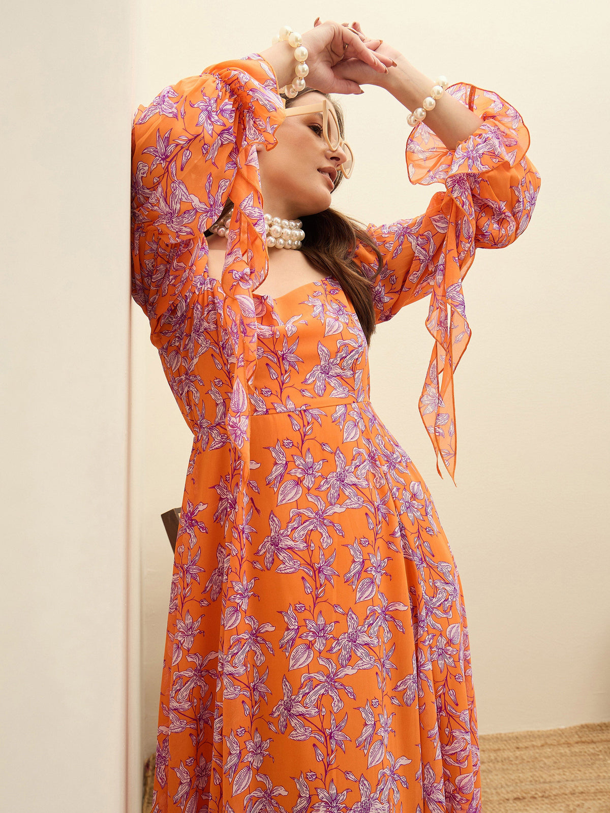 Orange Floral Square Neck Maxi Dress-SASSAFRAS