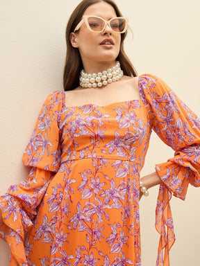 Orange Floral Square Neck Maxi Dress-SASSAFRAS