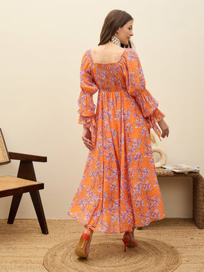 Orange Floral Square Neck Maxi Dress-SASSAFRAS