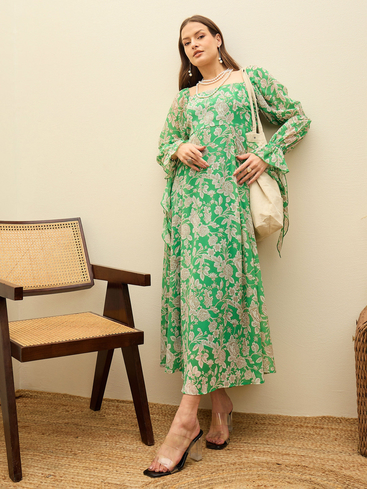 Green Floral Square Neck Maxi Dress-SASSAFRAS