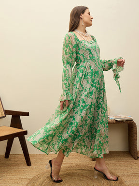 Green Floral Square Neck Maxi Dress-SASSAFRAS