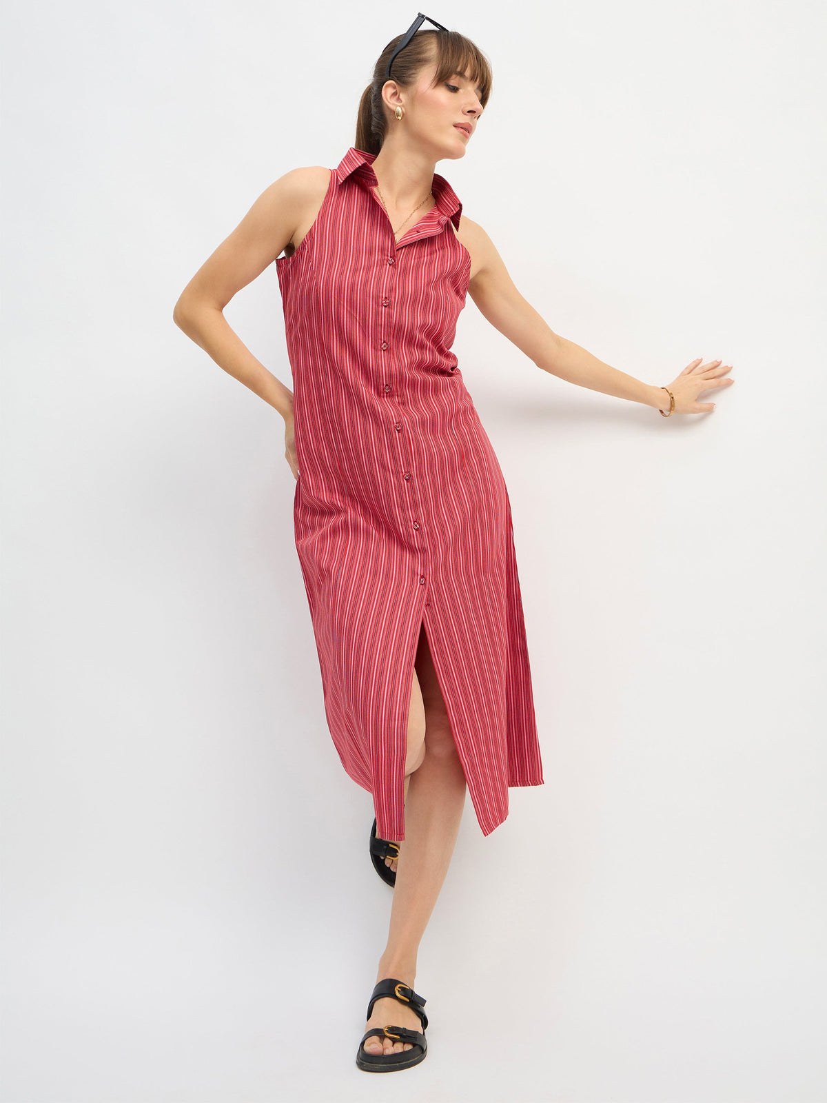 Red Penny Stripes Sleeveless Midi Dress-SASSAFRAS