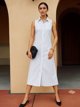 White & Blue Stripes Sleeveless Midi Dress-SASSAFRAS