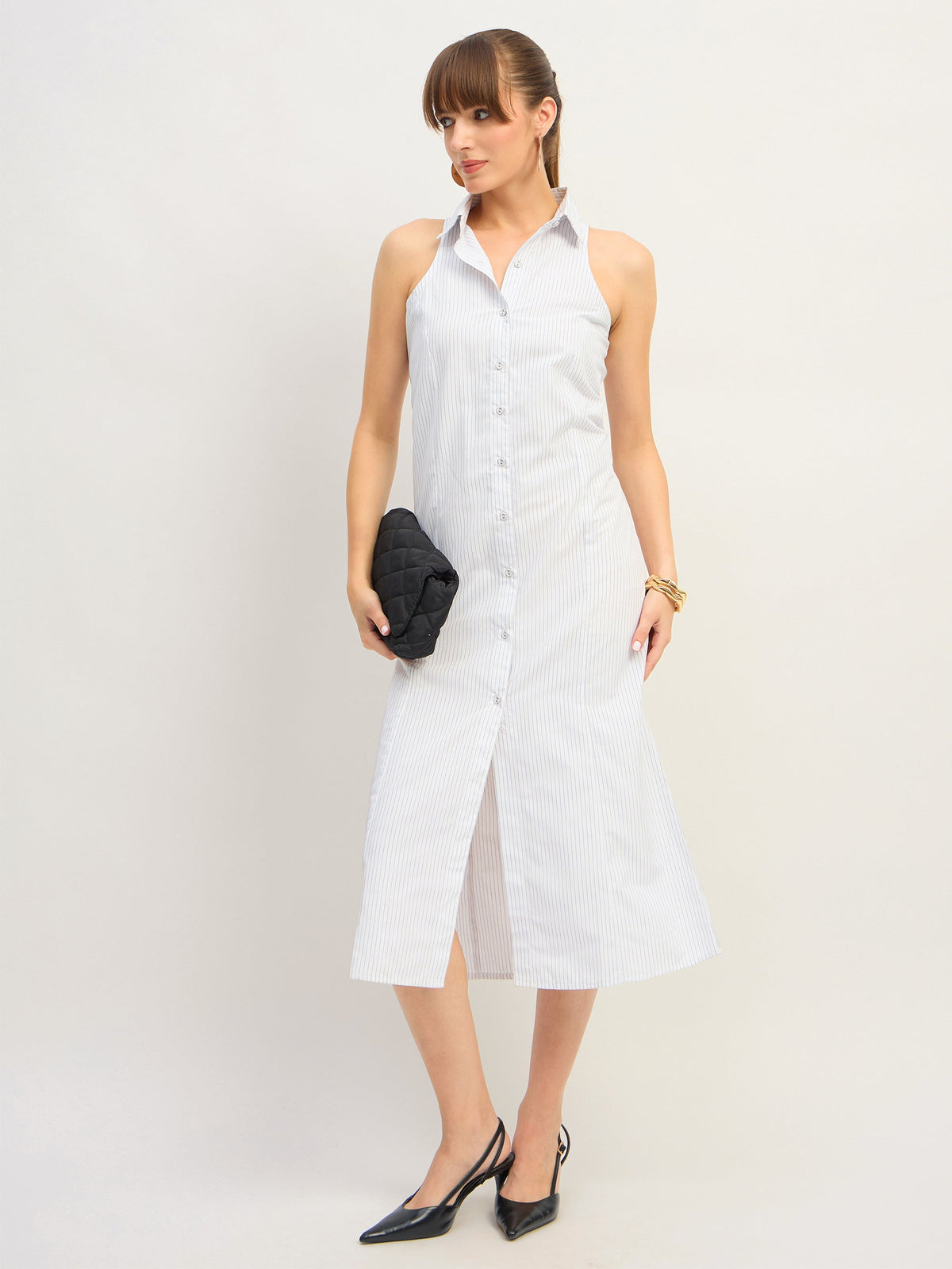 White & Blue Stripes Sleeveless Midi Dress-SASSAFRAS
