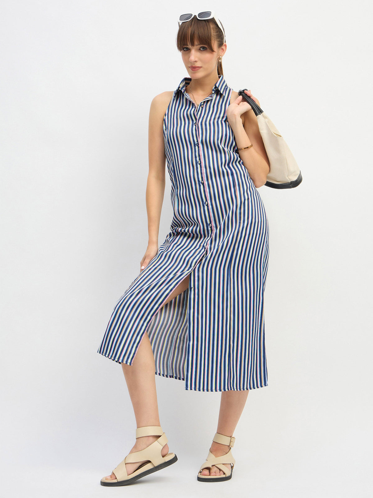 Navy Blue Penny Stripes Sleeveless Midi Dress-SASSAFRAS