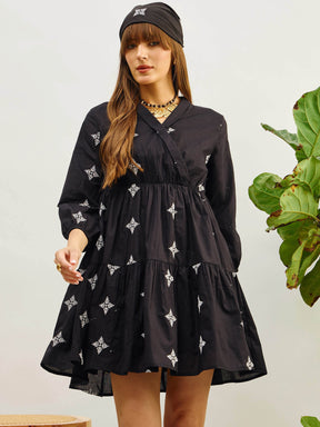 Black Embroidered Shawl Collar Tiered Dress-Pink Paprika By SASSAFRAS