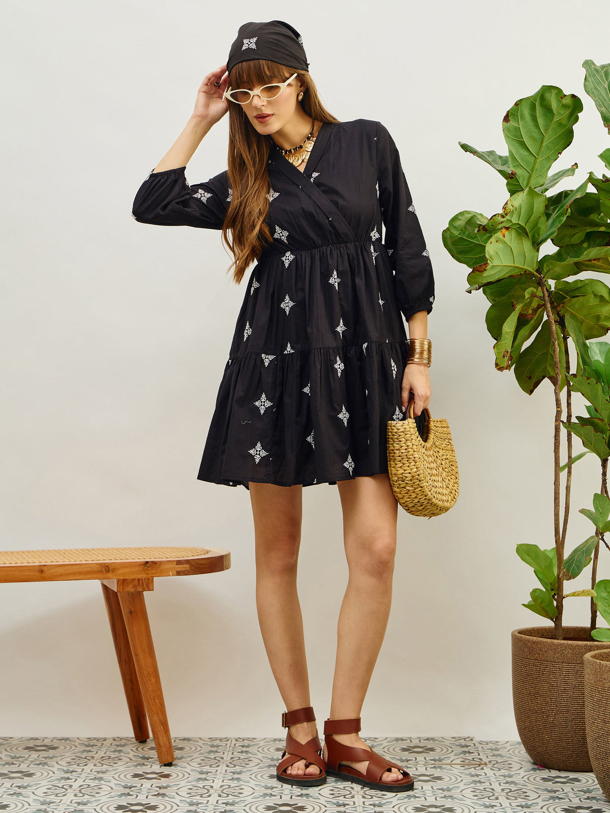 Black Embroidered Shawl Collar Tiered Dress-Pink Paprika By SASSAFRAS