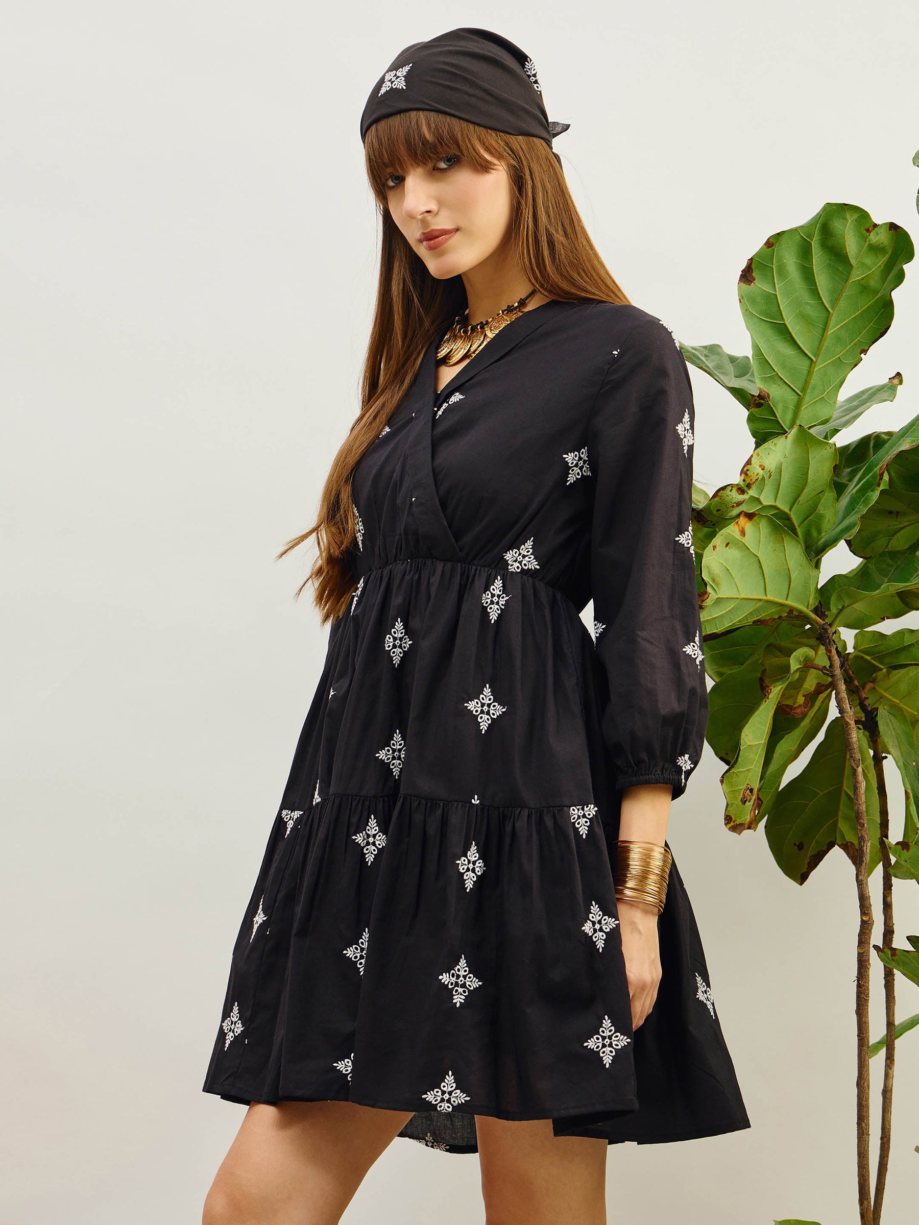 Black Embroidered Shawl Collar Tiered Dress-Pink Paprika By SASSAFRAS