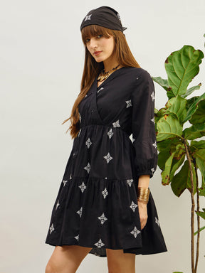 Black Embroidered Shawl Collar Tiered Dress-Pink Paprika By SASSAFRAS
