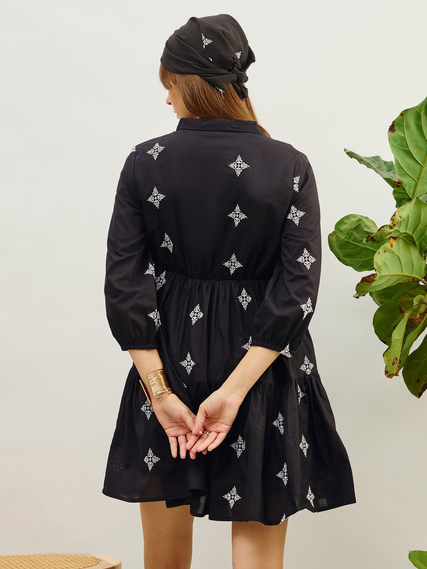 Black Embroidered Shawl Collar Tiered Dress-Pink Paprika By SASSAFRAS