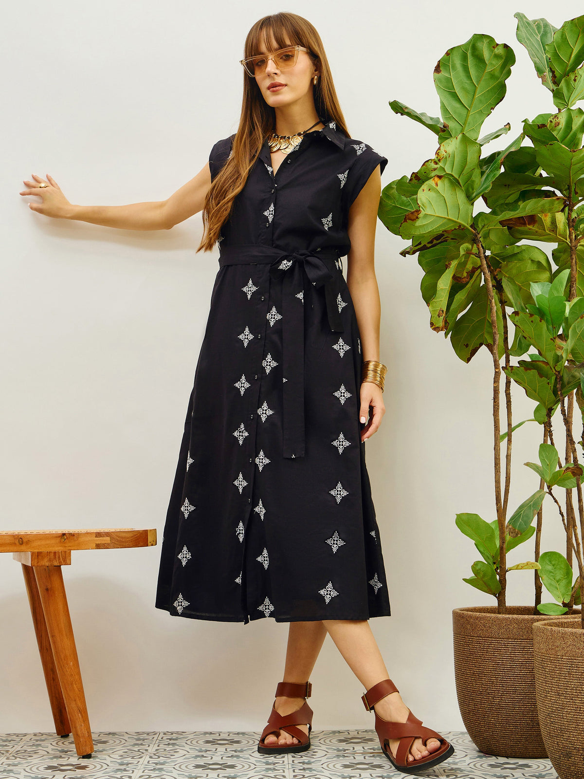 Black Embroidered Button Down Midi Dress-Pink Paprika By SASSAFRAS