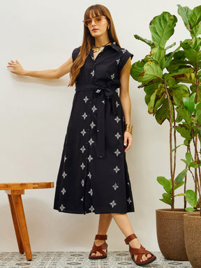 Black Embroidered Button Down Midi Dress-Pink Paprika By SASSAFRAS