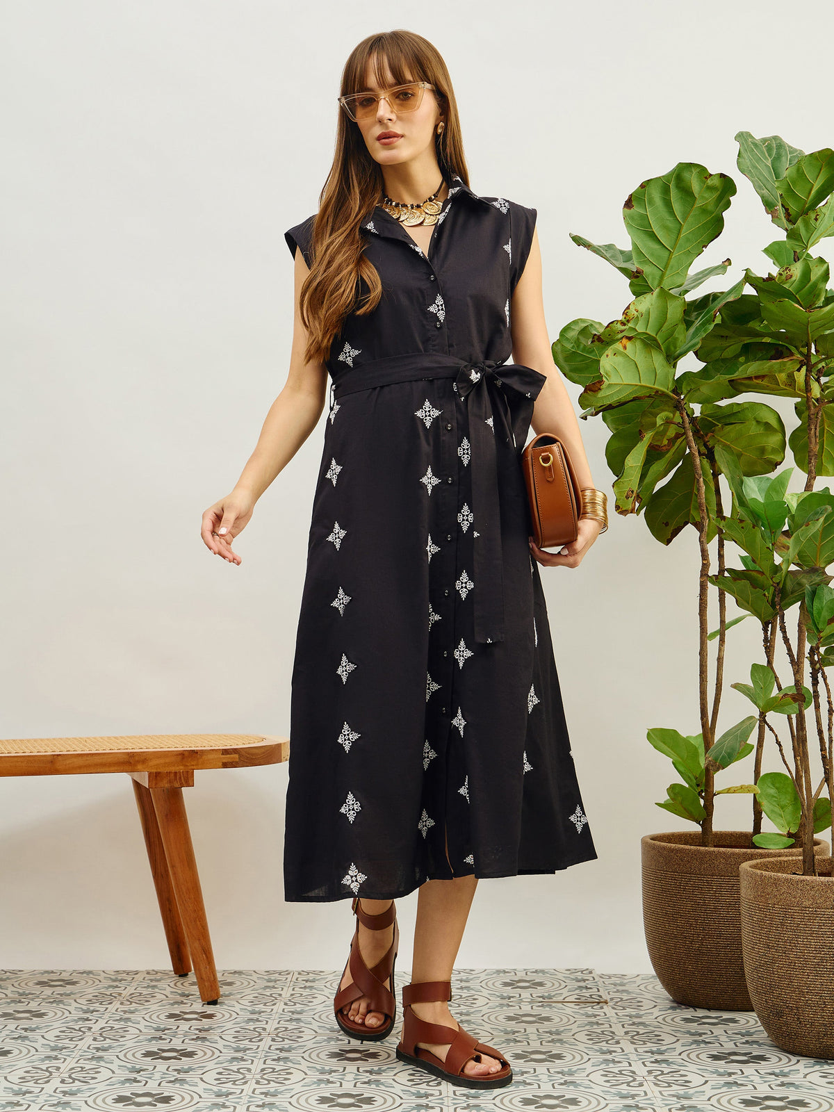 Black Embroidered Button Down Midi Dress-Pink Paprika By SASSAFRAS