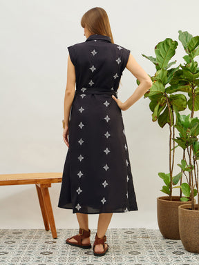 Black Embroidered Button Down Midi Dress-Pink Paprika By SASSAFRAS