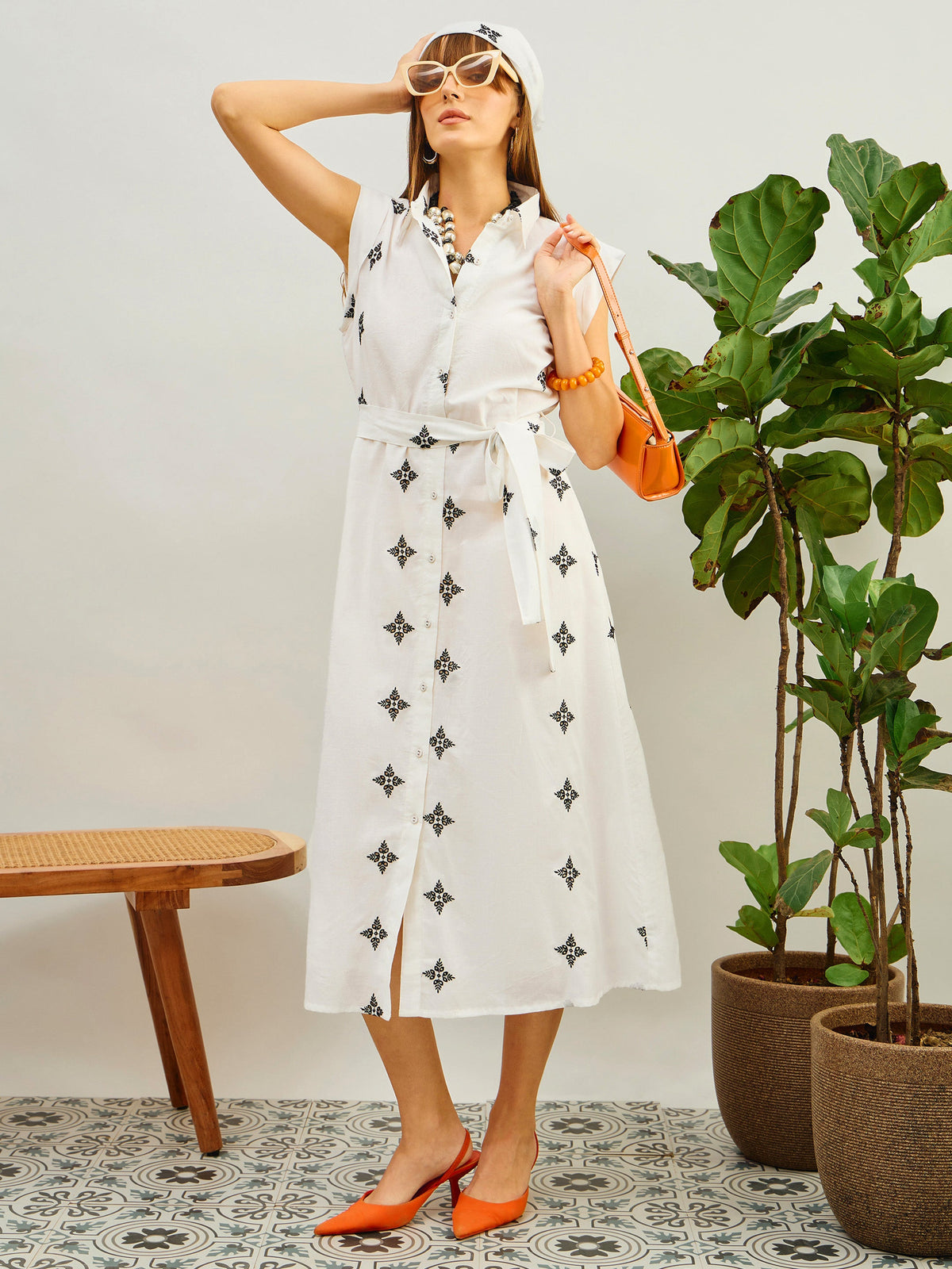 White Embroidered Button Down Midi Dress-Pink Paprika By SASSAFRAS