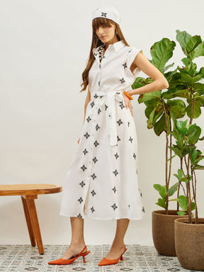 White Embroidered Button Down Midi Dress-Pink Paprika By SASSAFRAS