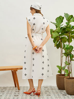White Embroidered Button Down Midi Dress-Pink Paprika By SASSAFRAS