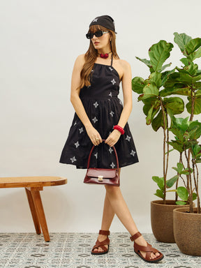 Black Embroidered Strappy Short Dress-Pink Paprika By SASSAFRAS