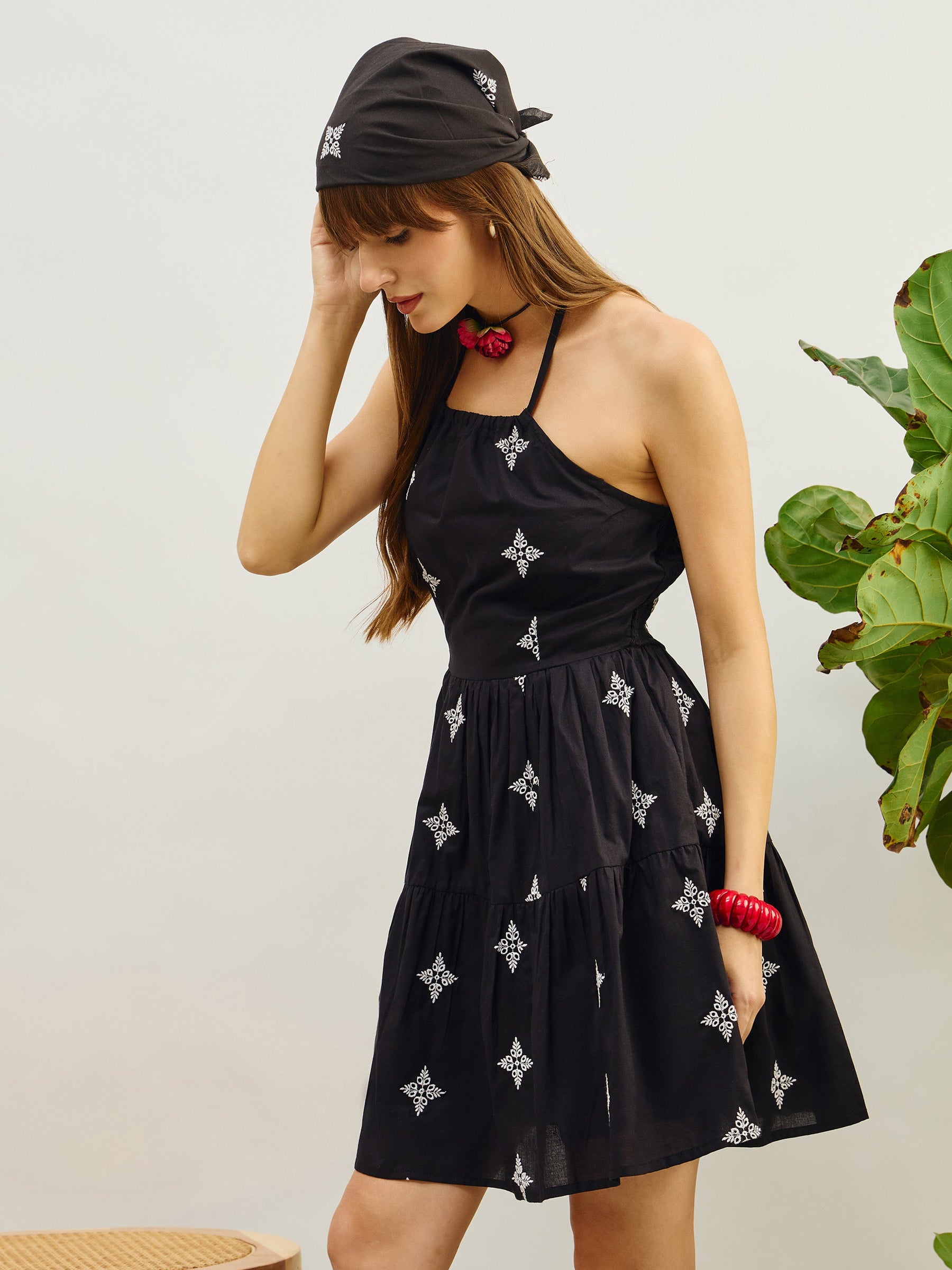 Black Embroidered Strappy Short Dress-Pink Paprika By SASSAFRAS