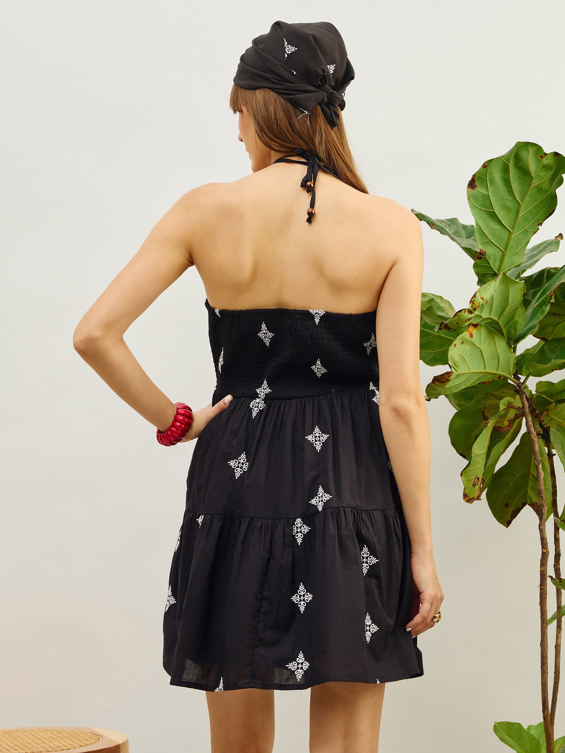 Black Embroidered Strappy Short Dress-Pink Paprika By SASSAFRAS