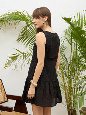 Black Schiffli Sleeveless Gathered Short Dress-SASSAFRAS