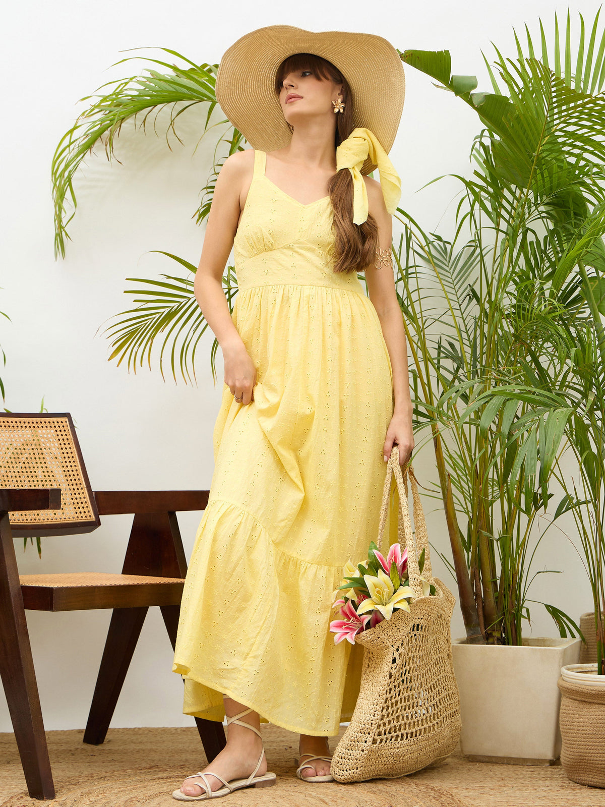 Yellow Sweatheart Neck Strappy Maxi Dress-SASSAFRAS