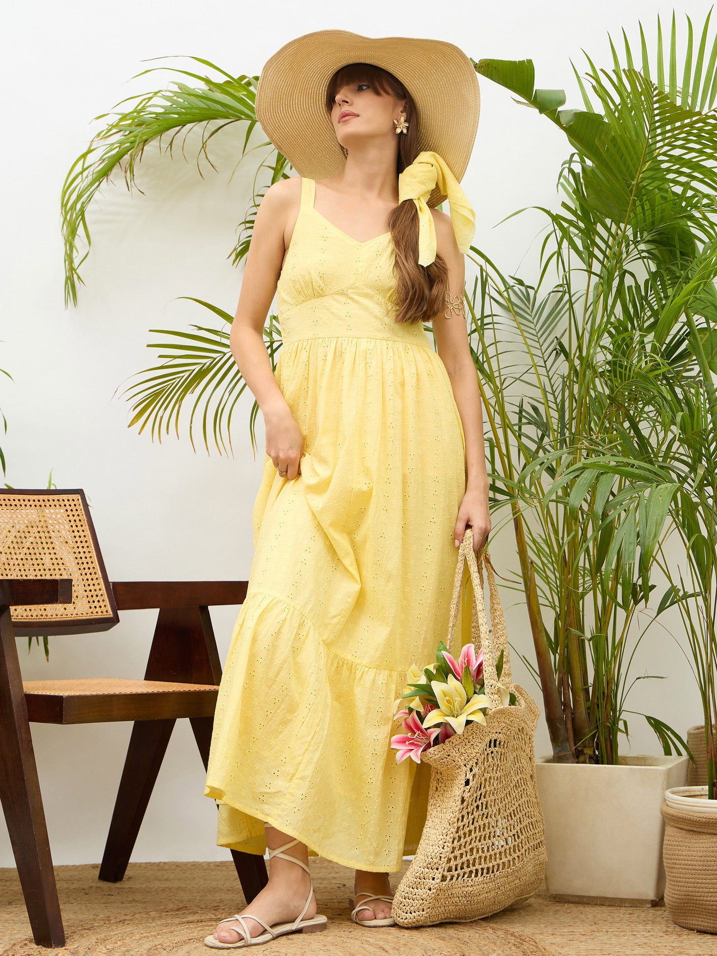 Yellow Sweatheart Neck Strappy Maxi Dress-SASSAFRAS