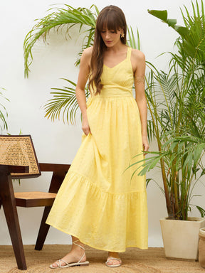 Yellow Sweatheart Neck Strappy Maxi Dress-SASSAFRAS