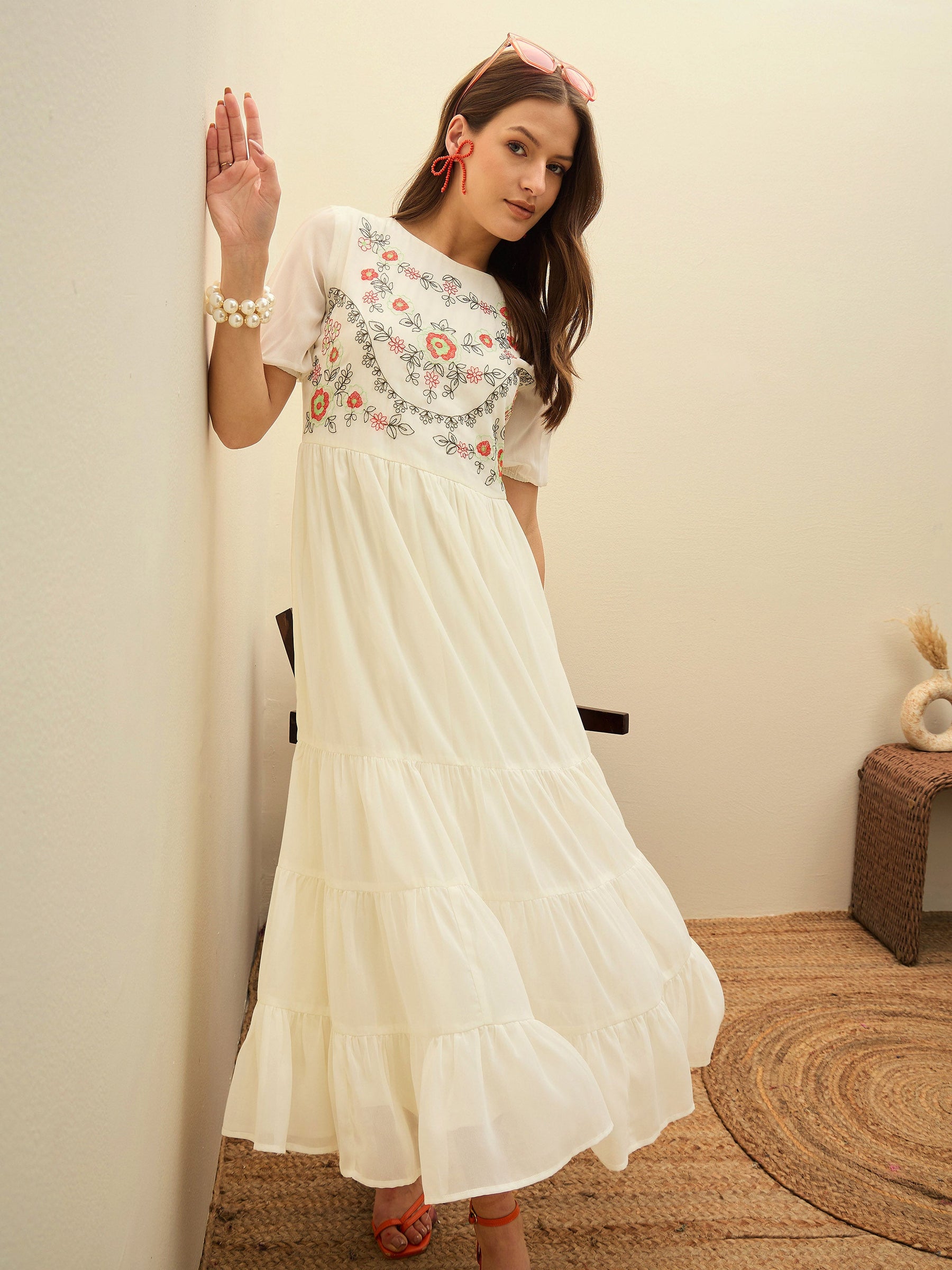 White Solid Tiered Maxi Dress-SASSAFRAS