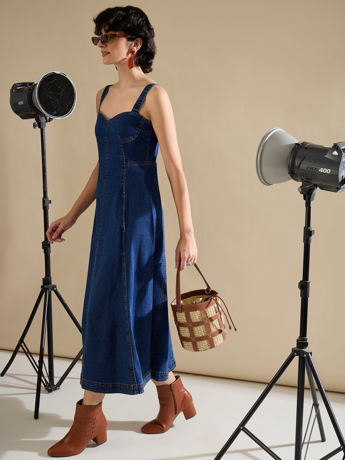 Navy Denim Strappy A-Line Midi Dress-SASSAFRAS