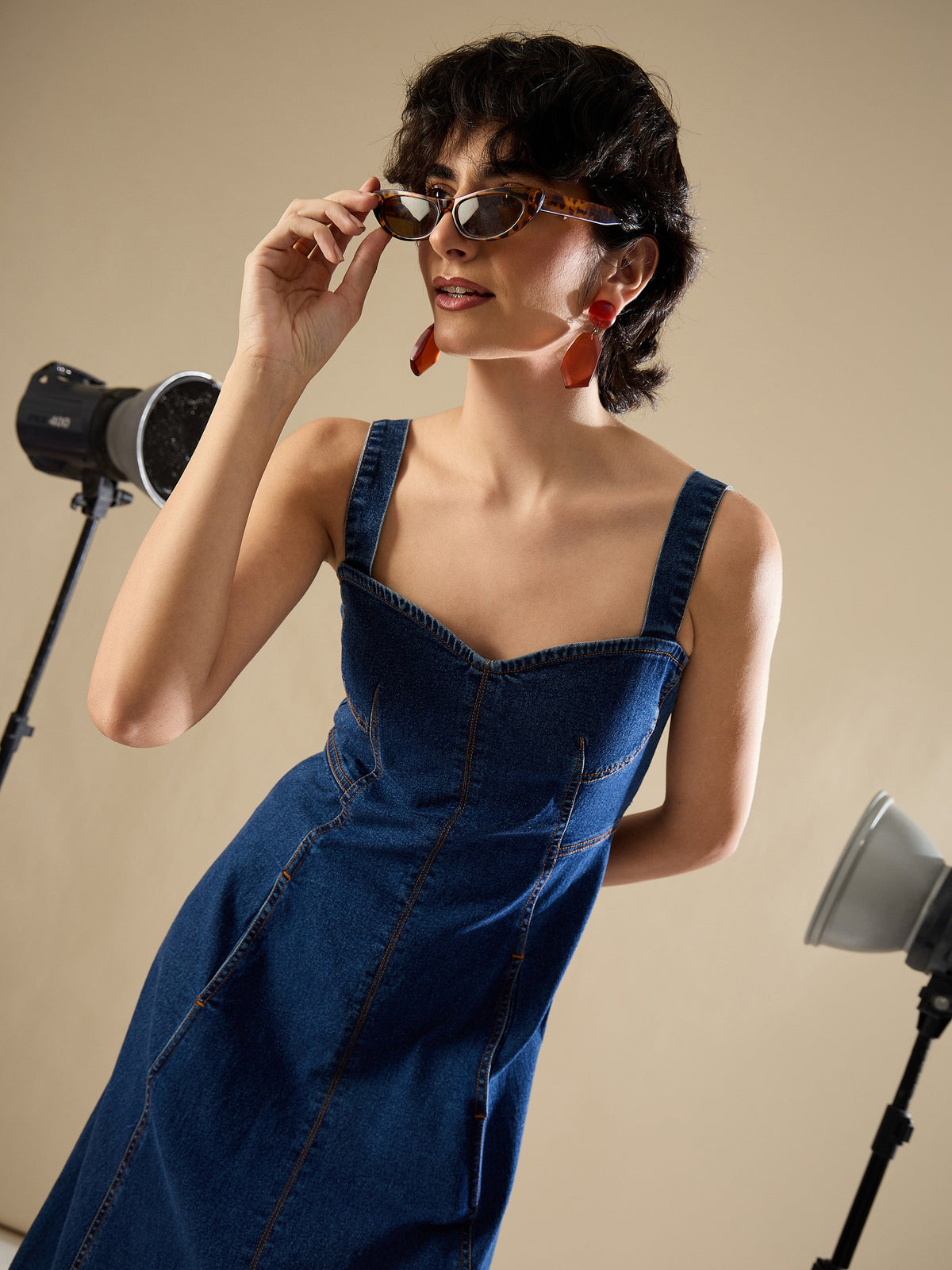 Navy Denim Strappy A-Line Midi Dress-SASSAFRAS
