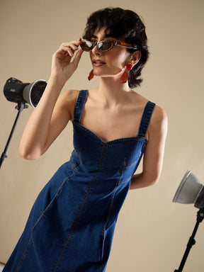 Navy Denim Strappy A-Line Midi Dress-SASSAFRAS