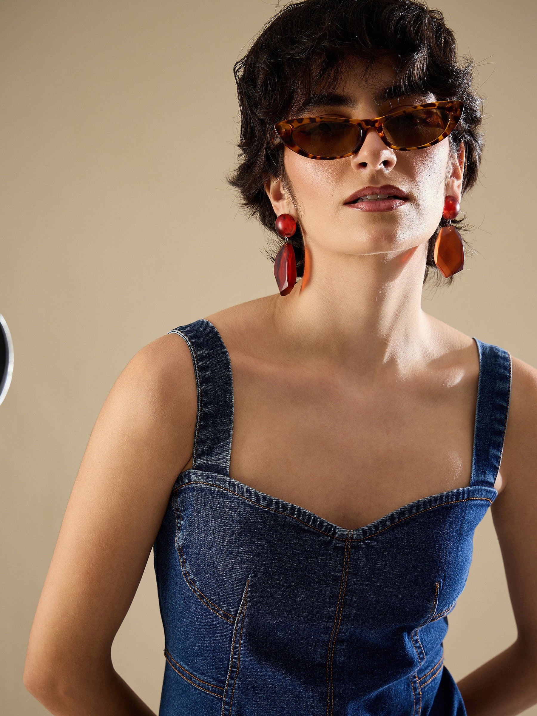 Navy Denim Strappy A-Line Midi Dress-SASSAFRAS