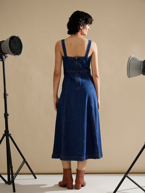 Navy Denim Strappy A-Line Midi Dress-SASSAFRAS