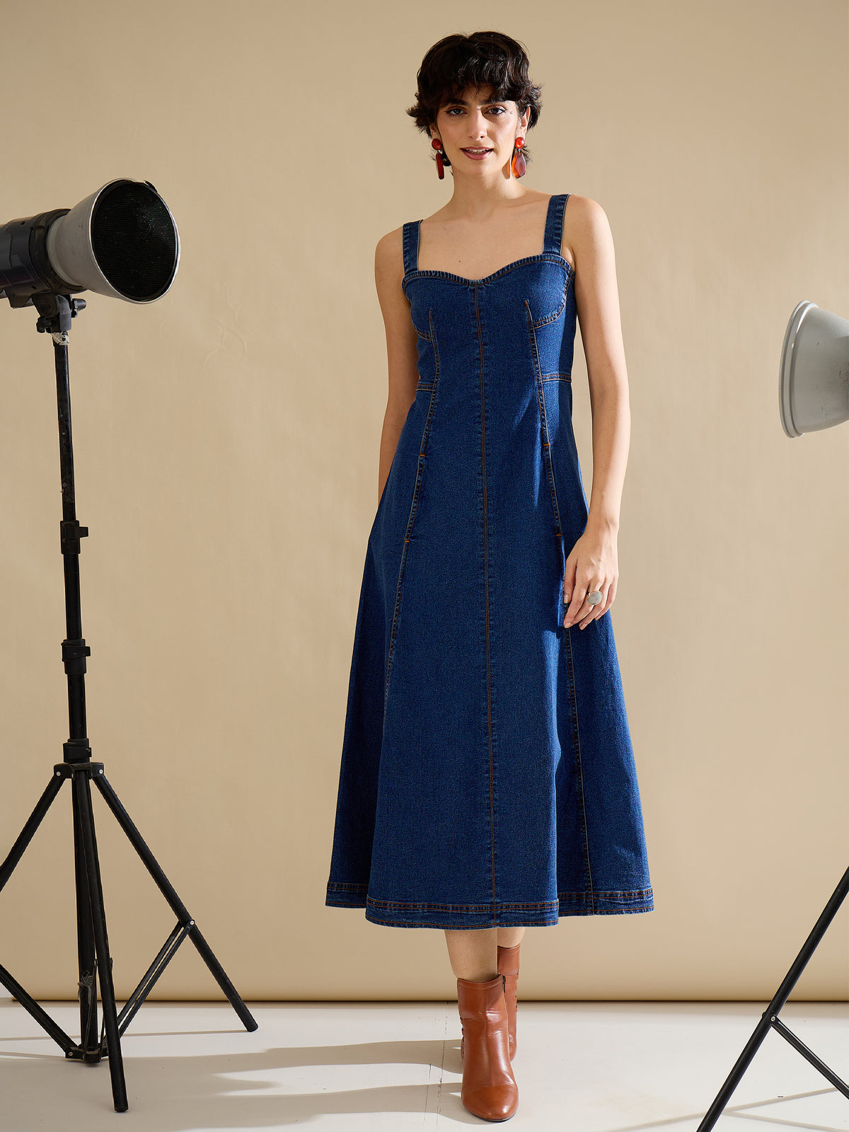 Women Navy Denim Strappy A-Line Midi Dress