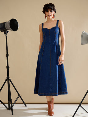 Women Navy Denim Strappy A-Line Midi Dress