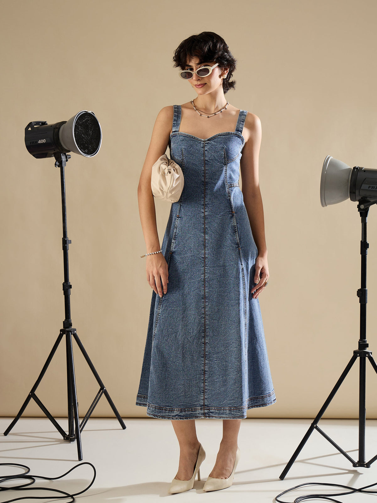 Blue Wash Denim Strappy A-Line Midi Dress-SASSAFRAS