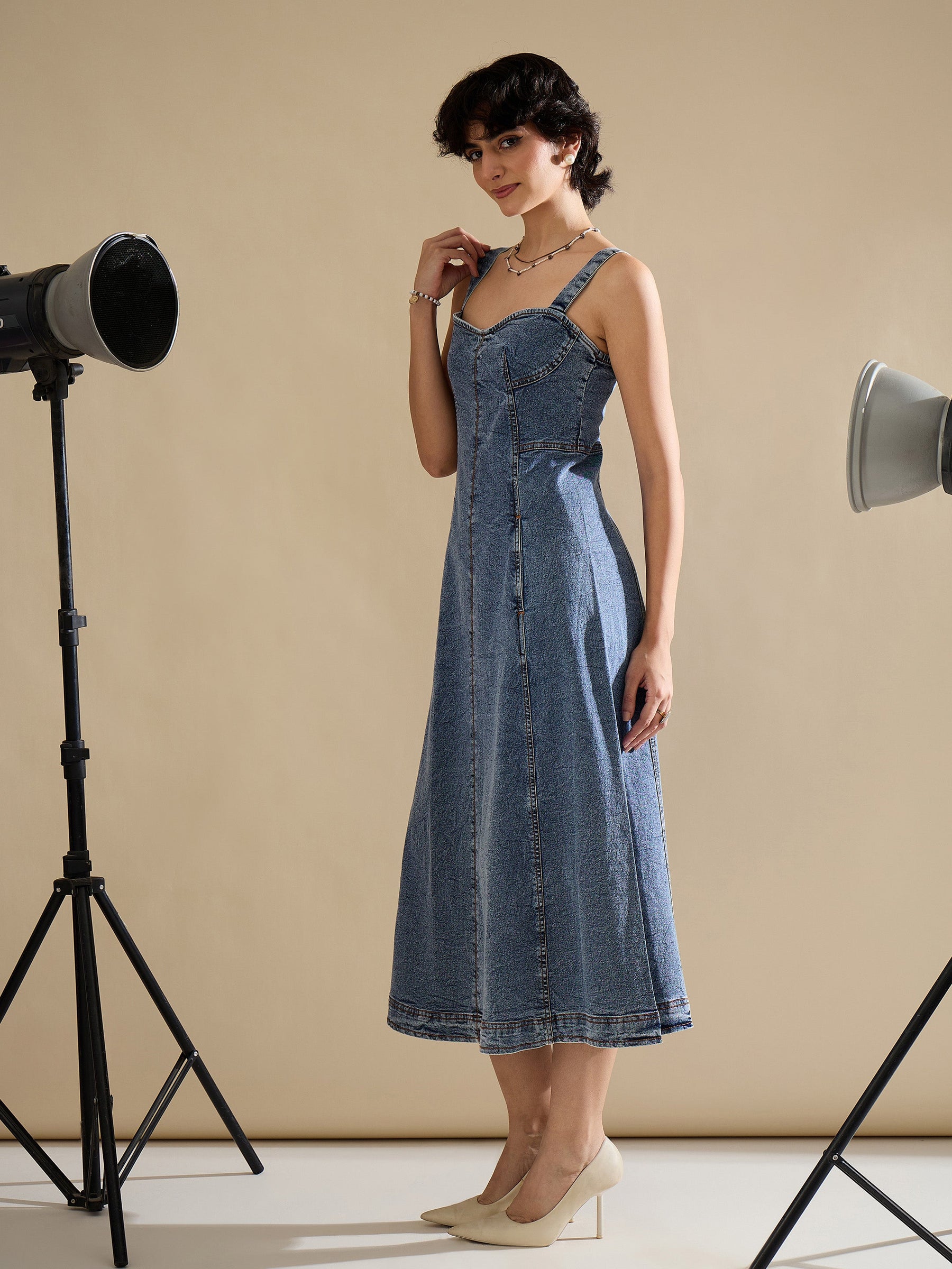 Blue Wash Denim Strappy A-Line Midi Dress-SASSAFRAS
