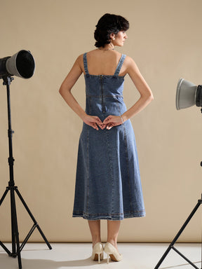 Blue Wash Denim Strappy A-Line Midi Dress-SASSAFRAS