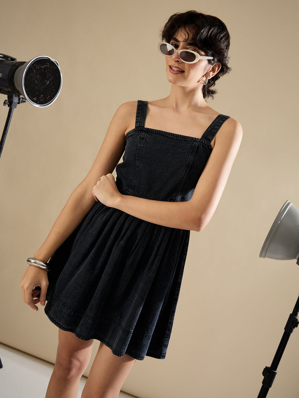 Black Wash Denim Strappy Short Dress-SASSAFRAS
