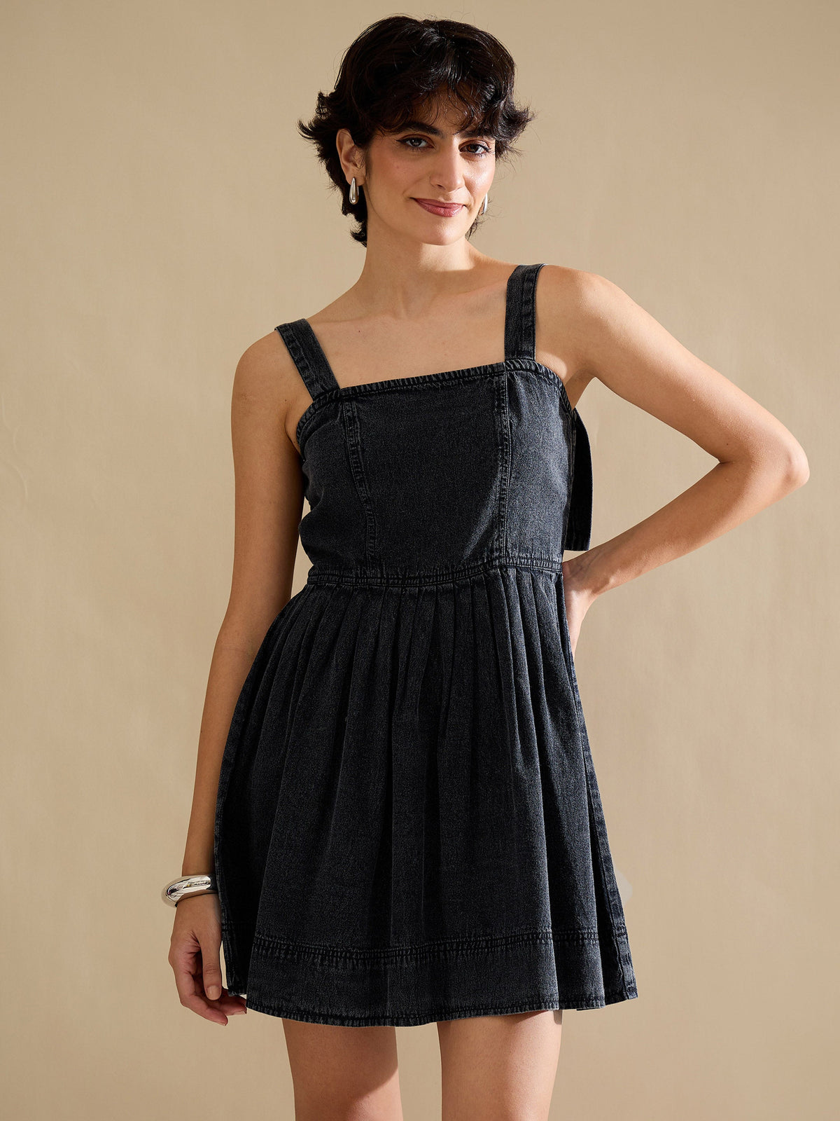 Black Wash Denim Strappy Short Dress-SASSAFRAS