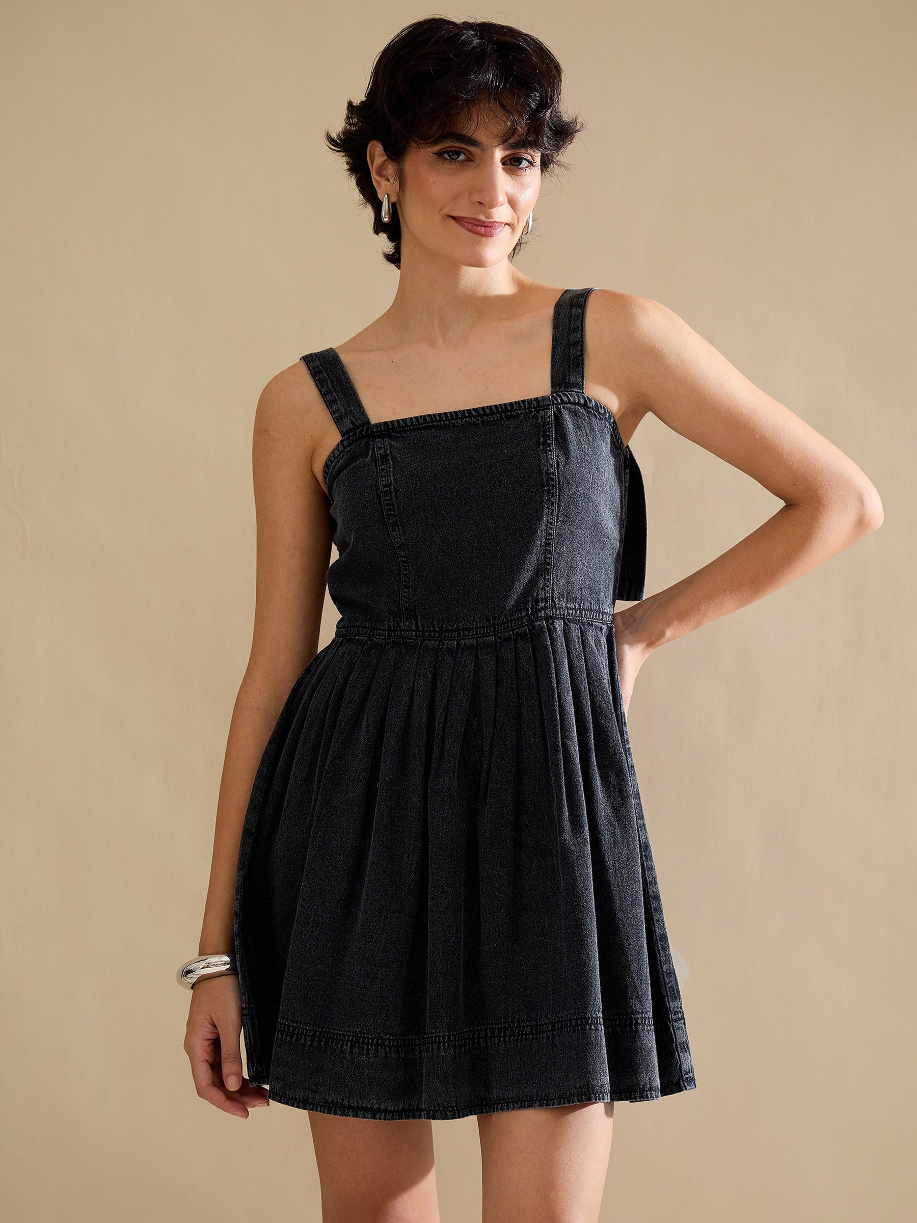 Black Wash Denim Strappy Short Dress-SASSAFRAS