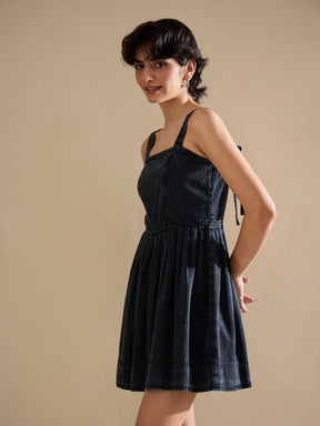 Black Wash Denim Strappy Short Dress-SASSAFRAS