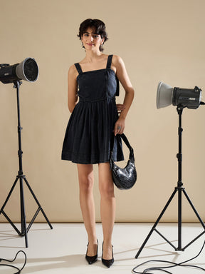 Black Wash Denim Strappy Short Dress-SASSAFRAS