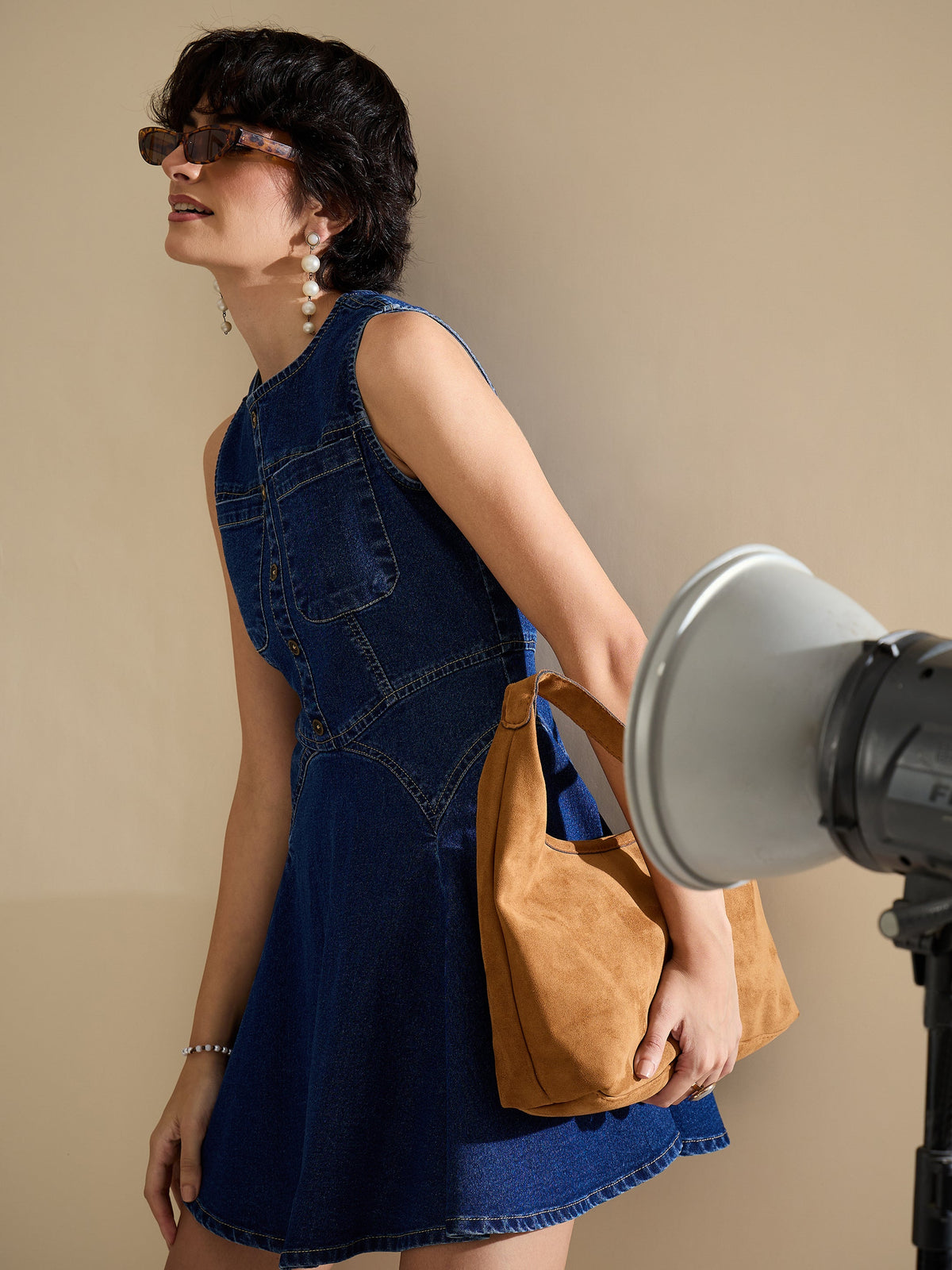 Navy Denim Round Neck Short Dress-SASSAFRAS