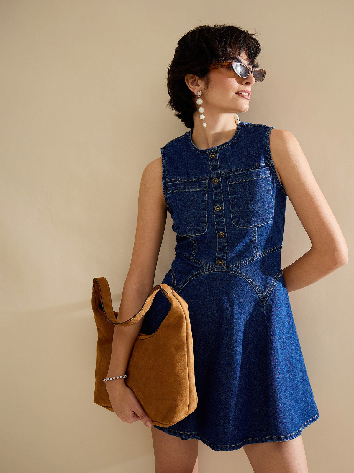 Navy Denim Round Neck Short Dress-SASSAFRAS