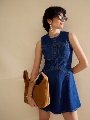 Navy Denim Round Neck Short Dress-SASSAFRAS