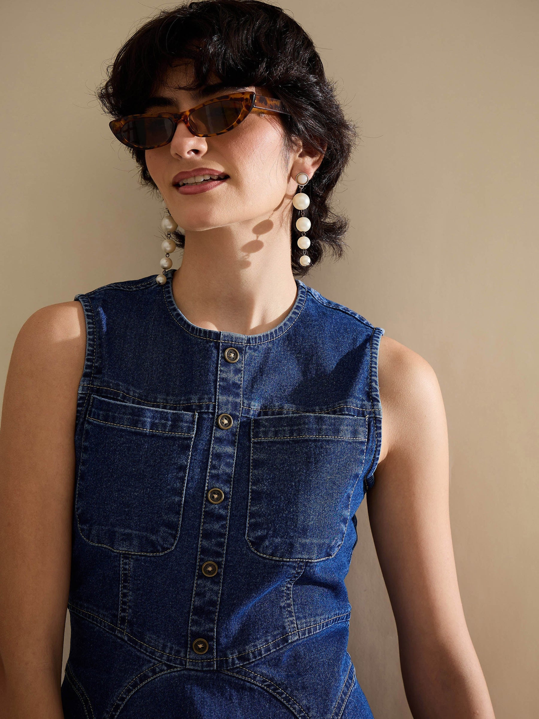 Navy Denim Round Neck Short Dress-SASSAFRAS